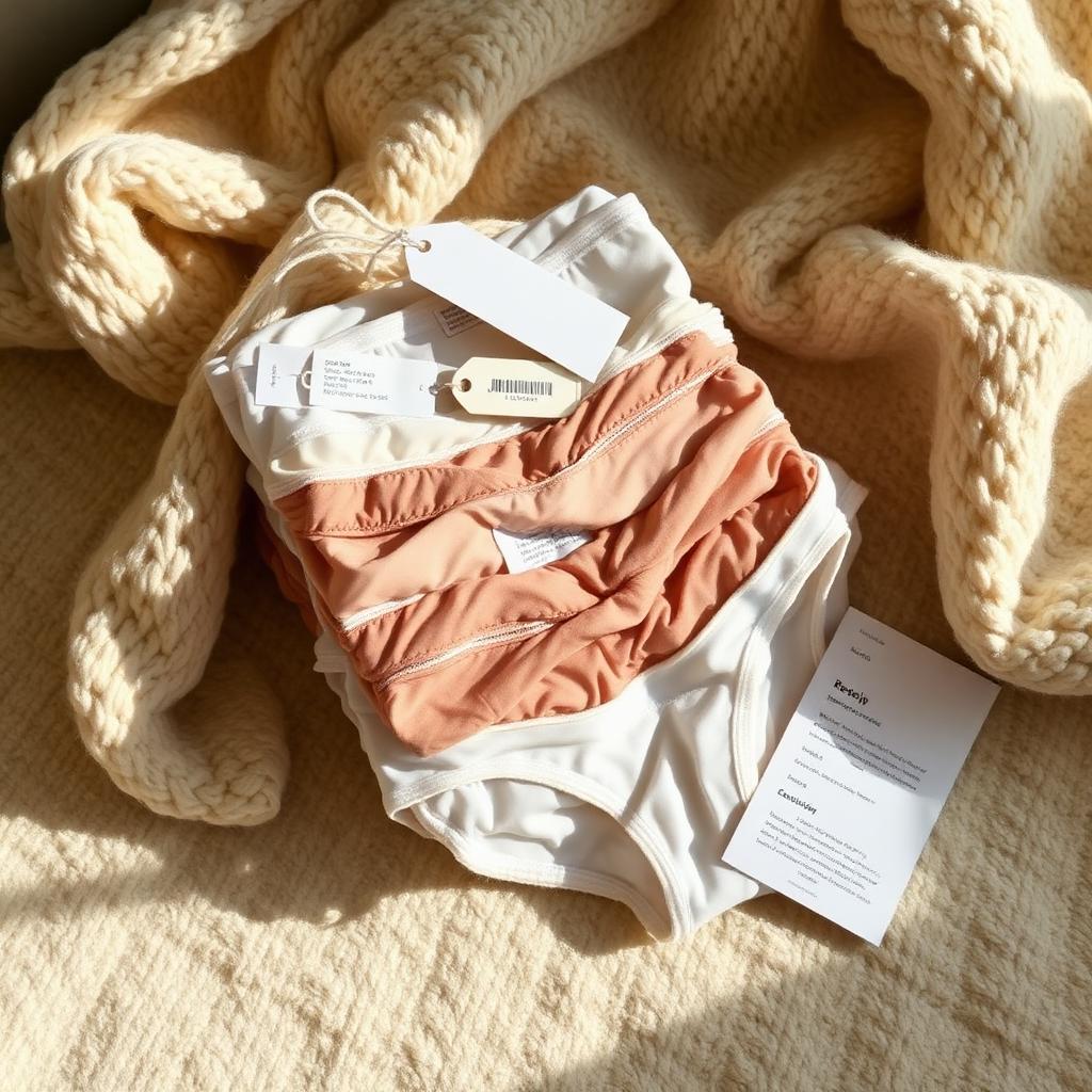 Pila di capi di intimo nuovi con etichette ancora attaccate su una coperta di lana avorio