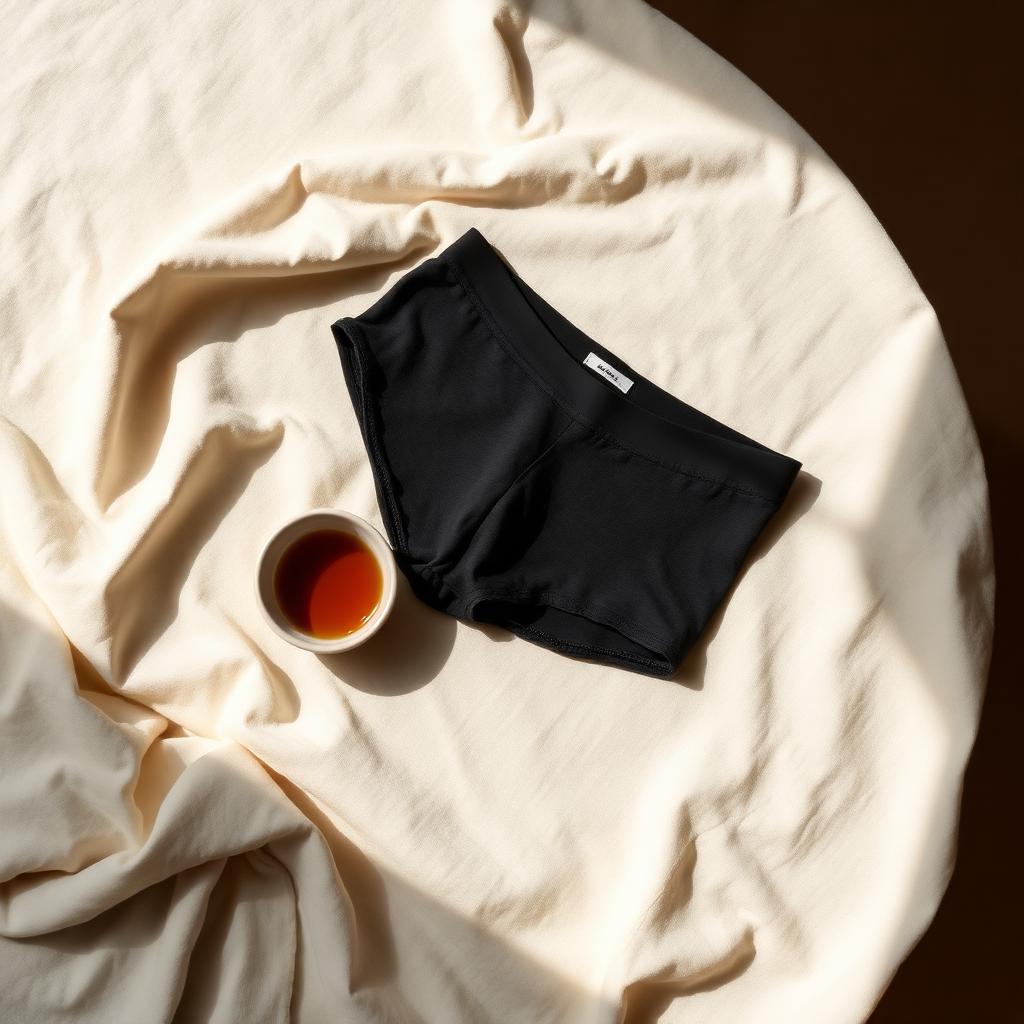 Slip mestruali nero piegato su lino avorio con una piccola tazza di tisana