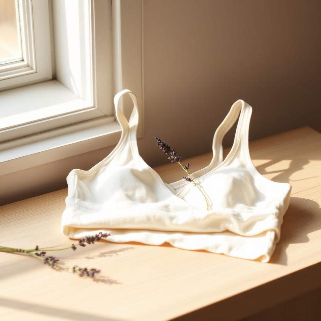 Bralette in cotone avorio poggiata su un davanzale in legno con lavanda